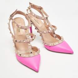 Valentino Pink/Beige Leather Rockstud Ankle Strap  Sandals Size 36.5