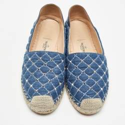 Pre Owned Valentino Blue Denim Rockstud Foldable Espadrille Flats Size 39