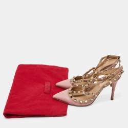 Pre Owned Valentino Pink/Beige Leather Rockstud Cage Pumps Size 36
