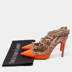 Valentino Neon Orange/Dusty Pink Leather Rockstud Ankle Strap Pumps Size 36.5