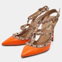 Valentino Neon Orange/Dusty Pink Leather Rockstud Ankle Strap Pumps Size 36.5