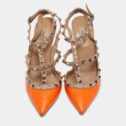 Valentino Neon Orange/Dusty Pink Leather Rockstud Ankle Strap Pumps Size 36.5