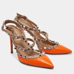 Valentino Neon Orange/Dusty Pink Leather Rockstud Ankle Strap Pumps Size 36.5