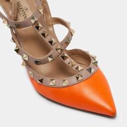 Valentino Neon Orange/Dusty Pink Leather Rockstud Ankle Strap Pumps Size 36.5