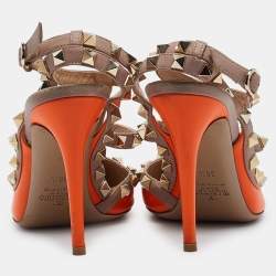 Valentino Neon Orange/Dusty Pink Leather Rockstud Ankle Strap Pumps Size 36.5