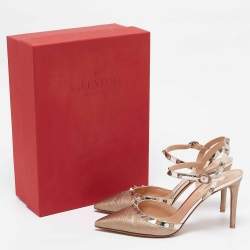 Pre Owned Valentino Gold Leather Rockstud Ankle Strap Pumps Size 39