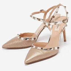 Pre Owned Valentino Gold Leather Rockstud Ankle Strap Pumps Size 39