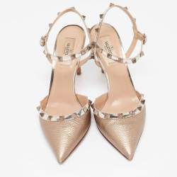 Pre Owned Valentino Gold Leather Rockstud Ankle Strap Pumps Size 39