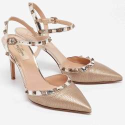 Pre Owned Valentino Gold Leather Rockstud Ankle Strap Pumps Size 39