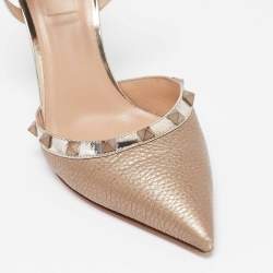 Pre Owned Valentino Gold Leather Rockstud Ankle Strap Pumps Size 39