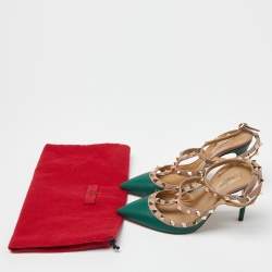 Pre Owned Valentino Green/Beige Leather Rockstud Strappy Pointed Toe Pumps Size 37.5
