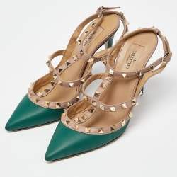 Pre Owned Valentino Green/Beige Leather Rockstud Strappy Pointed Toe Pumps Size 37.5
