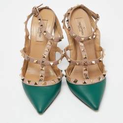 Pre Owned Valentino Green/Beige Leather Rockstud Strappy Pointed Toe Pumps Size 37.5