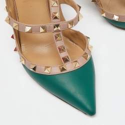 Pre Owned Valentino Green/Beige Leather Rockstud Strappy Pointed Toe Pumps Size 37.5