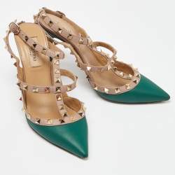 Pre Owned Valentino Green/Beige Leather Rockstud Strappy Pointed Toe Pumps Size 37.5