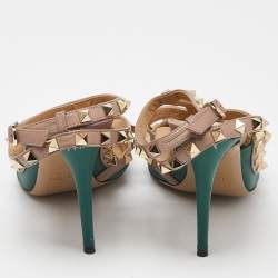 Pre Owned Valentino Green/Beige Leather Rockstud Strappy Pointed Toe Pumps Size 37.5
