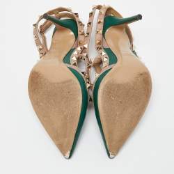 Pre Owned Valentino Green/Beige Leather Rockstud Strappy Pointed Toe Pumps Size 37.5