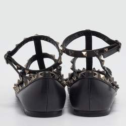 Valentino Black Leather Rockstud Ankle Strap Flats Size 37