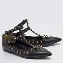 Valentino Black Leather Rockstud Ankle Strap Flats Size 37