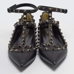 Valentino Black Leather Rockstud Ankle Strap Flats Size 37