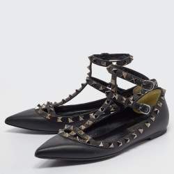 Valentino Black Leather Rockstud Ankle Strap Flats Size 37