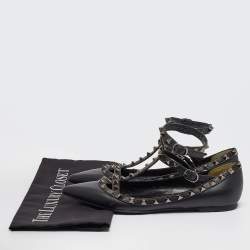 Valentino Black Leather Rockstud Ankle Strap Flats Size 37