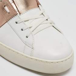 Pre Owned Valentino White/Pink Leather Rockstud Lace Up Sneakers Size 40