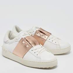 Pre Owned Valentino White/Pink Leather Rockstud Lace Up Sneakers Size 40