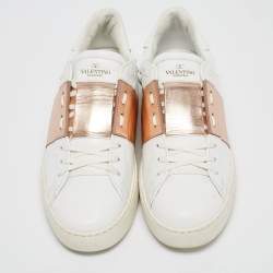 Pre Owned Valentino White/Pink Leather Rockstud Lace Up Sneakers Size 40