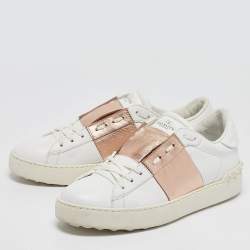 Pre Owned Valentino White/Pink Leather Rockstud Lace Up Sneakers Size 40
