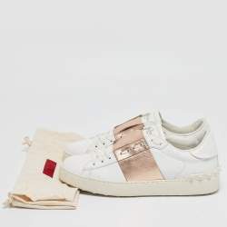 Pre Owned Valentino White/Pink Leather Rockstud Lace Up Sneakers Size 40