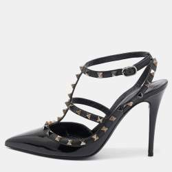 Pre Owned Valentino Black Patent Leather Rockstud Ankle Strap Pumps Size 40