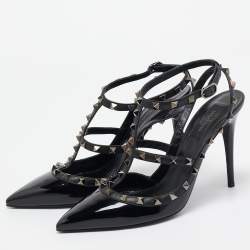 Pre Owned Valentino Black Patent Leather Rockstud Ankle Strap Pumps Size 40