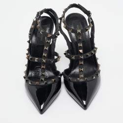 Pre Owned Valentino Black Patent Leather Rockstud Ankle Strap Pumps Size 40