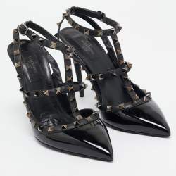 Pre Owned Valentino Black Patent Leather Rockstud Ankle Strap Pumps Size 40