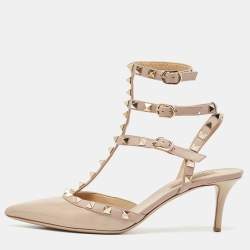 Pre Owned Valentino Beige Patent And Leather Rockstud Ankle Strap Pumps Size 38.5  