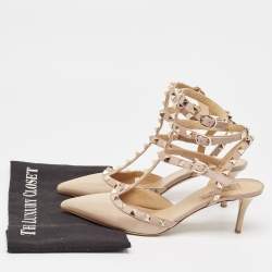 Pre Owned Valentino Beige Patent And Leather Rockstud Ankle Strap Pumps Size 38.5  