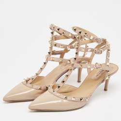 Pre Owned Valentino Beige Patent And Leather Rockstud Ankle Strap Pumps Size 38.5  