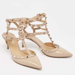 Pre Owned Valentino Beige Patent And Leather Rockstud Ankle Strap Pumps Size 38.5  