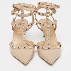 Pre Owned Valentino Beige Patent And Leather Rockstud Ankle Strap Pumps Size 38.5  