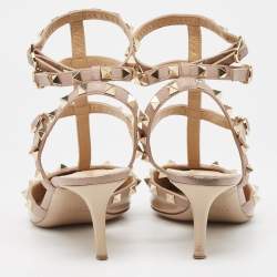 Pre Owned Valentino Beige Patent And Leather Rockstud Ankle Strap Pumps Size 38.5  