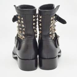Pre Owned Valentino Black Leather Rockstud Ankle Boots Size 37.5