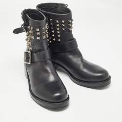 Pre Owned Valentino Black Leather Rockstud Ankle Boots Size 37.5