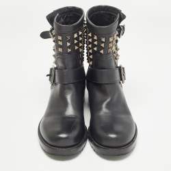 Pre Owned Valentino Black Leather Rockstud Ankle Boots Size 37.5