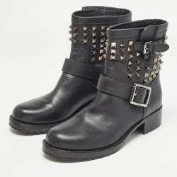 Pre Owned Valentino Black Leather Rockstud Ankle Boots Size 37.5