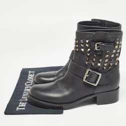 Pre Owned Valentino Black Leather Rockstud Ankle Boots Size 37.5