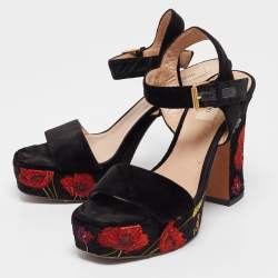 Pre Owned Valentino Black Velvet  Ankle Strap Sandals Size 37.5