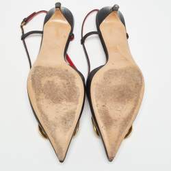 Pre Owned Valentino Black Leather Escape V logo Slingback Pumps Size 39.5