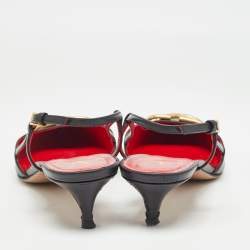 Pre Owned Valentino Black Leather Escape V logo Slingback Pumps Size 39.5