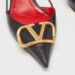 Pre Owned Valentino Black Leather Escape V logo Slingback Pumps Size 39.5
